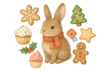 Cute christmas rabbit illustration wearing scarf, surrounded by festive gingerbread cookies, cupcakes, and holly on transparent background