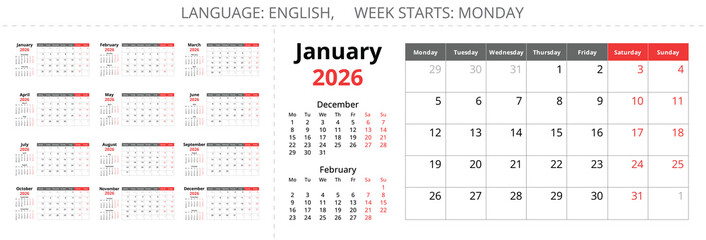 2026 calendar planner. A vector collection of English monthly calendars. Week starts Monday