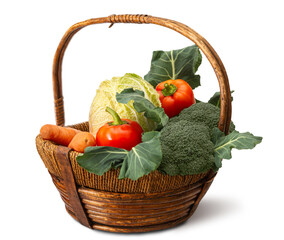 Fresh vegetables in a natural woven basket showcasing tomatoes, broccoli, cabbage, and carrots
