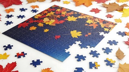 Puzzle with colorful leaves on white background