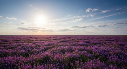 Obraz premium A vast, vibrant carpet of deep purple wildflowers stretching toward the distant horizon under a bright sky, symbolizing peace and natural beauty ,environment ,natural ,wildflower