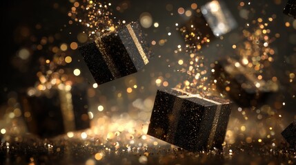 Festive black gift boxes with golden ribbons hover in celebration confetti, great background for Christmas promotions and winter advertising.