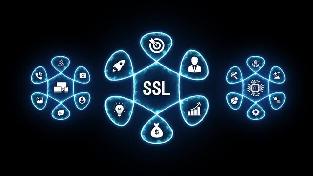 Digital security concept with SL text and glowing neon icons in a connected network on a dark background