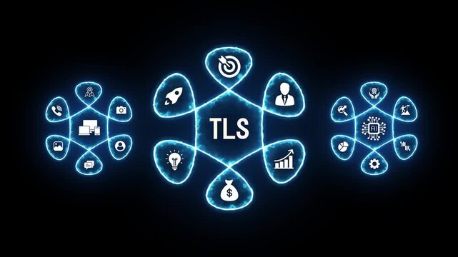 Digital security concept with TLS text and glowing neon icons in a connected network on a dark background