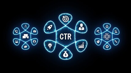 Digital marketing concept CTR click through rate infographic with icons and glowing blue outlines on black background