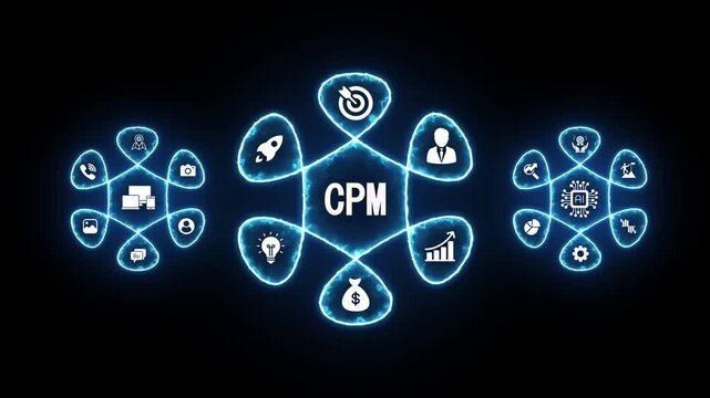 Digital marketing concept CPM cost per mille infographic with icons and glowing blue outlines on black background