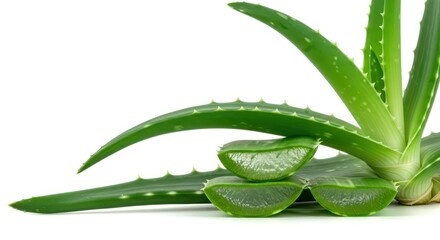 Fototapeta premium Vibrant green aloe vera succulent plant isolated on a stark white studio background, emphasizing its natural healing properties and minimalist design ,natural, clean, simple