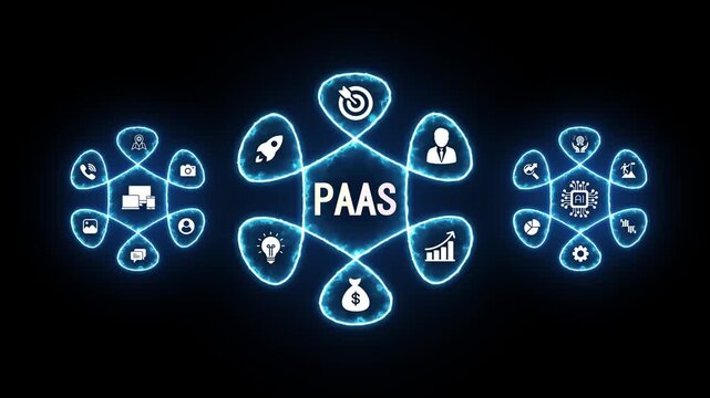Platform as a Service Paa S concept with interconnected icons and glowing blue neon effect on black background