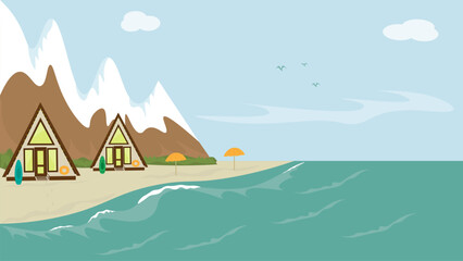 Triangular eco-houses on the seashore near the mountains. Concept of recreation and ecotourism.