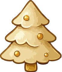 A stylized golden Christmas tree ornament with rounded branches and shiny bauble details is illustrated in a polished festive style.