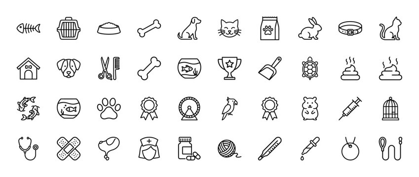 Pet and veterinary line icon set. Vector pictograms of dog, cat, food, grooming, health, fish, bird, rabbit, bone, paw, medicine, thin outline illustration.