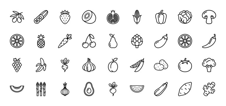 Fresh fruit and vegetable line icon set. Vector pictograms of olive, strawberry, corn, pepper, carrot, cherry, tomato, broccoli, avocado, onion. Thin outline illustration.