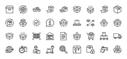 Logistics and delivery line icon set. Vector pictograms of parcel, warehouse, shipping truck, courier, tracking, cargo, packaging, thin outline illustration.