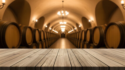 Obraz premium Empty rustic wood table top for product display against wine cellar backdrop | Dramatic blurred winery basement with wooden barrels and warm lighting | Wine tasting presentation platform in deep cella