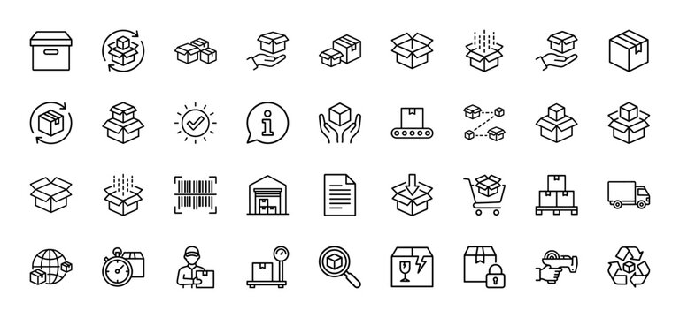 Logistics and delivery line icon set. Vector pictograms of parcel, warehouse, shipping truck, courier, tracking, cargo, packaging, thin outline illustration.