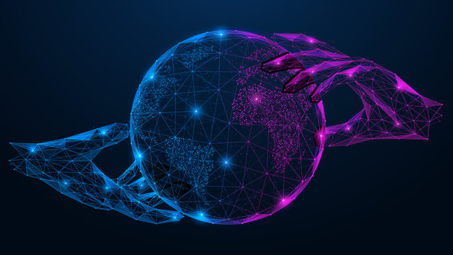 Digital global governance. Two hands hold and interact with the planet. The concept of data management, cyberspace and global coordination.