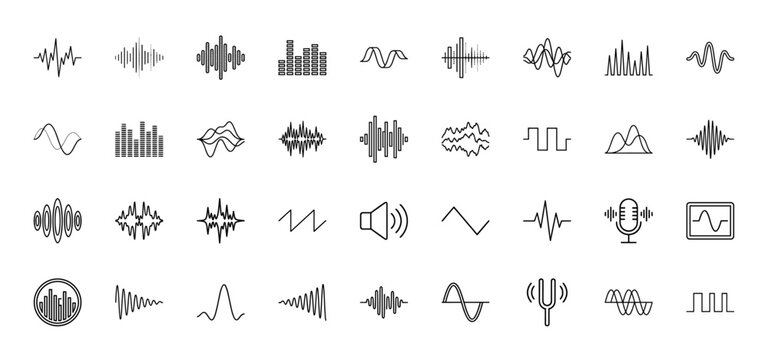 Sound wave line icon set. Vector pictograms of audio equalizer, music frequency, voice recording, microphone, volume, noise pulse, tuning fork, thin outline illustration.