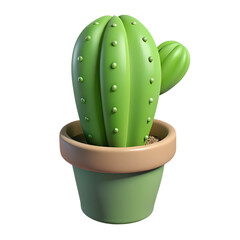 3D cartoon cactus in a green pot with brown rim on white background