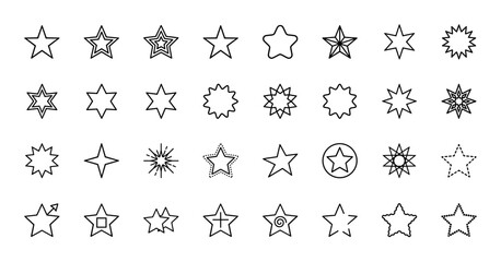 Fototapeta premium Star shapes line icon set. Vector pictograms of five pointed, six pointed, burst, sparkle, favorite, award, rating, dotted and rounded stars, thin outline illustration.
