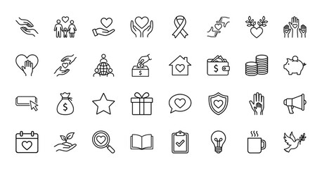 Charity and donation line icon set. Vector pictograms of volunteer hands, giving money box, peace dove, awareness ribbon, heart and care, thin outline illustration.