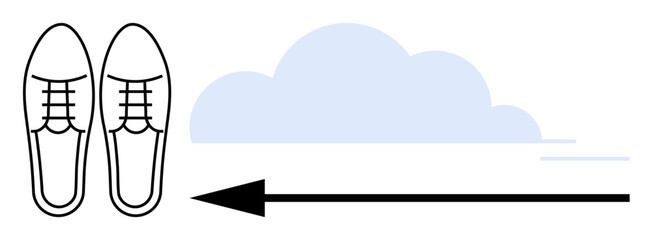 Walking movement. Illustration features shoes, a directional arrow, and a cloud motif to motion and travel. Walking movement promotes fitness, sustainability, goals, and exploration. For travel