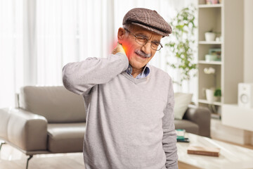 Fototapeta premium Elderly man with stiff neck feeling dizzy
