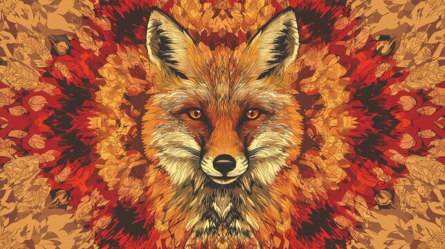 Colorful fox design with a detailed background of leaves and flowers in orange and yellow tones