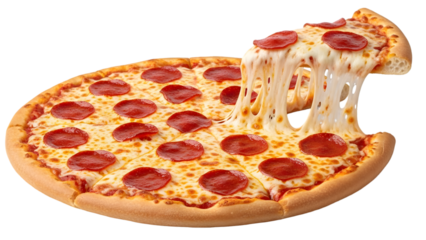 Delicious pepperoni pizza slice with melting cheese isolated on transparent background