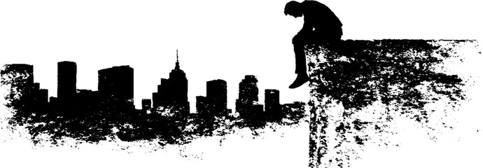 Fototapeta premium Urban solitude: black and white stencil of city rooftop scene for artistic design