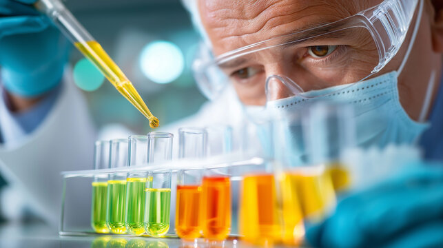 Faceless scientist in laboratory conducting experiments with test tubes and pipette, showcasing advanced research techniques and focus, defocused clinical methodology, precise labo