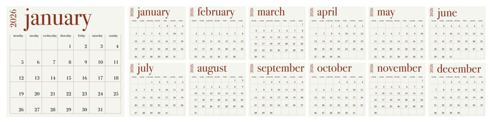 Classic monthly calendar for 2026. Calendar in the style of minimalist square shape. The week starts on Monday. English text. Brown
