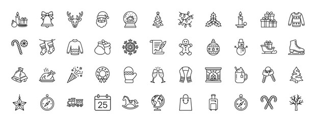 Christmas and winter holiday line icon set. Vector pictograms of santa, reindeer, tree, snowflake, gift, bell, sweater, gingerbread, candle, thin outline illustration.
