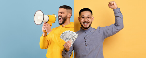 Two men stand against a colorful background, one holds a megaphone while shouting and the other shows off a stack of cash. They both express joy and excitement in their accomplishments.