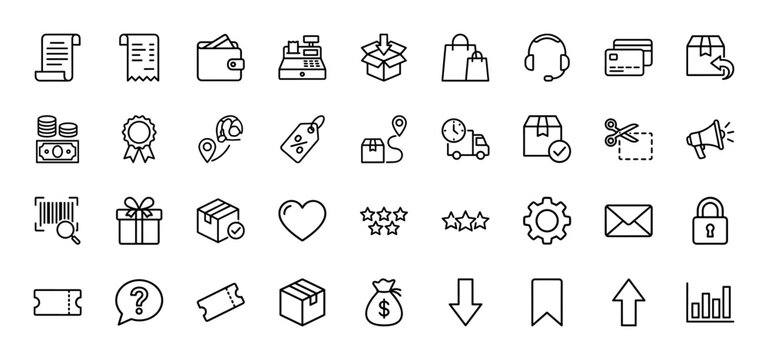 E-commerce and shopping line icon set. Vector pictograms of wallet, cash register, delivery truck, gift, coupon, barcode and money bag, thin outline illustration.