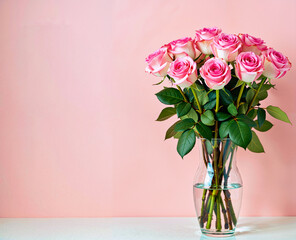 Roses in a vase on a pink background