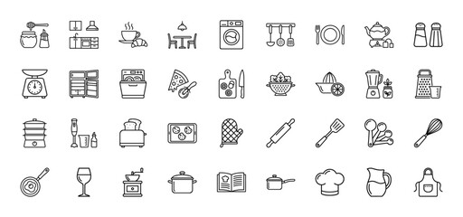 Kitchen and cooking line icon set. Vector pictograms of utensils, appliances, food, chef hat, apron, fridge, blender, toaster and oven mitt, thin outline illustration.