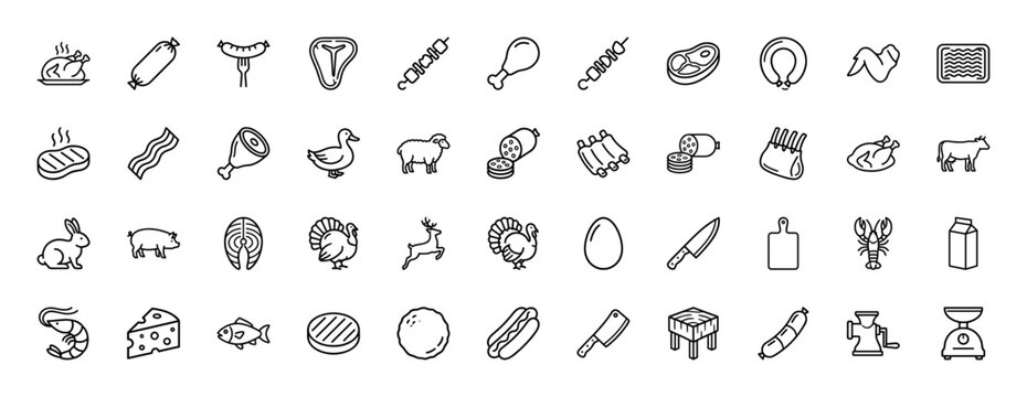 Meat and butchery line icon set. Vector pictograms of steak, sausage, chicken, pork, beef, seafood, knife and deli products, thin outline illustration.