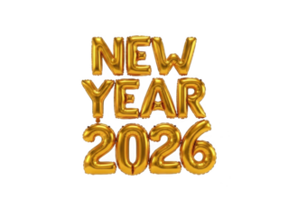 Shiny gold balloon text new year 2026 celebration graphics transparent background
