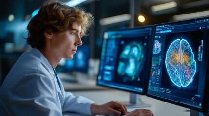 Faceless researcher conducting experiments in neuroscience lab with advanced brain imaging technology, neuroscience research scene, scientific style, neurological investigation vis