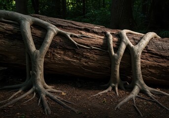 Obraz premium A powerful example of natural engineering; three thick roots anchor a large piece of decaying wood, demonstrating fundamental structural stability ,geometric ,geometry ,ground
