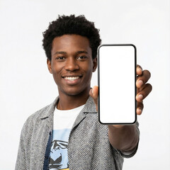 Smiling african american young man presenting blank smartphone screen white background