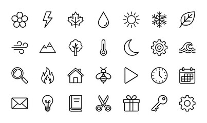 Fototapeta premium Universal user interface and nature line icon set. Vector pictograms of sun, moon, tree, house, mail, clock, calendar, gear and search, thin outline illustration.