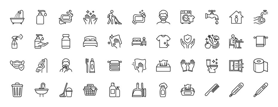 Hygiene and cleaning line icon set. Vector pictograms of soap, washing hands, mask, laundry, toilet, mop, bucket and bathroom items, thin outline illustration.