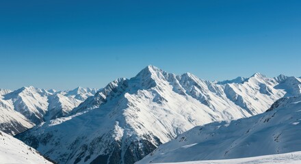 Fototapeta premium Majestic white peaks rising high, covered in powder snow under a crisp blue sky. Beautiful alpine winter landscape ,pristine, summit, elevation