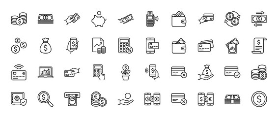 Fototapeta premium Finance line icon set. Vector pictograms of money, wallet, credit card, coin, calculator, investment, atm, payment, exchange and banking, thin outline illustration.