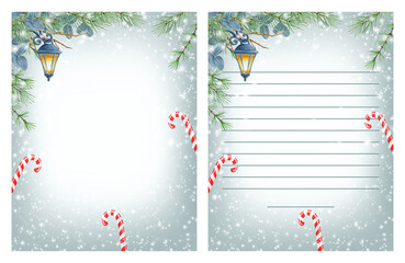 Christmas letter to Santa template, wishlist with winter greenery and vintage lantern. Holiday planner design.