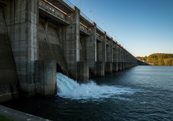 Massive concrete structure holding back vast amounts of water, crucial infrastructure for power generation and water supply management, reservoir, resource, blue