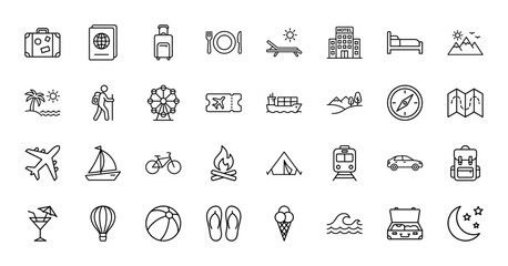 Fototapeta premium Travel and tourism line icon set. Vector pictograms of passport, suitcase, hotel, airplane, beach, camping, map and transport symbols, thin outline illustration.