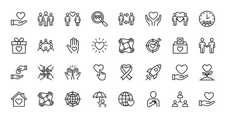Charity and volunteer line icon set. Vector pictograms of hand with heart, donation box, community, social care, giving money, unity and support, thin outline illustration.