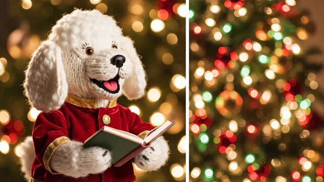 Knitted poodle toy singing carols by a festive Christmas tree. Handmade woolen dog doll reading a book for holiday decoration.